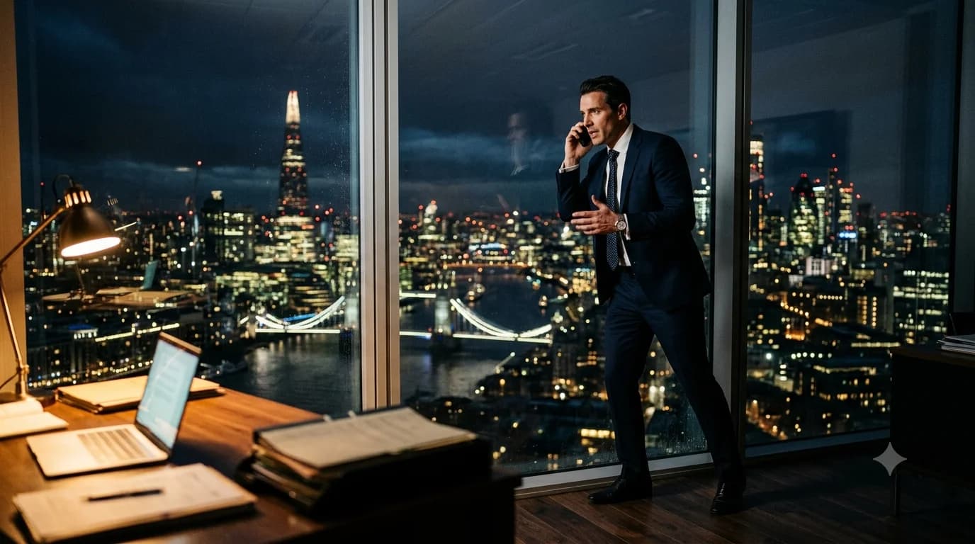 Lawyer working late at night with London skyline view