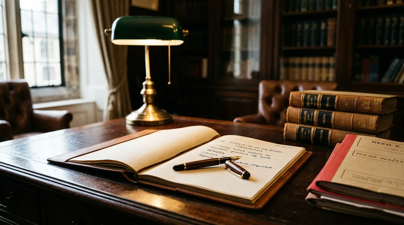 Open legal document, pen, and case files on a partner’s desk